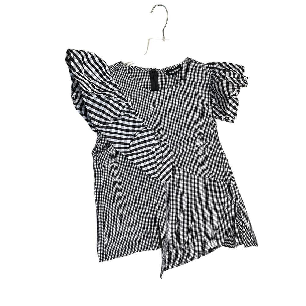 Lea & Viola Asymmetrical Ruffle Sleeve Gingham Blouse‎ Black White Size L NWT